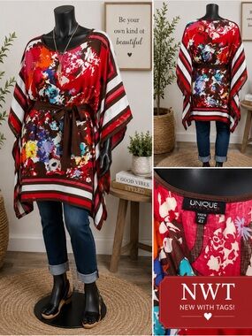 NWT Unique Spectrum 4X Floral Kaftan Tunic Top Belted Red Brown Boho Plus Size